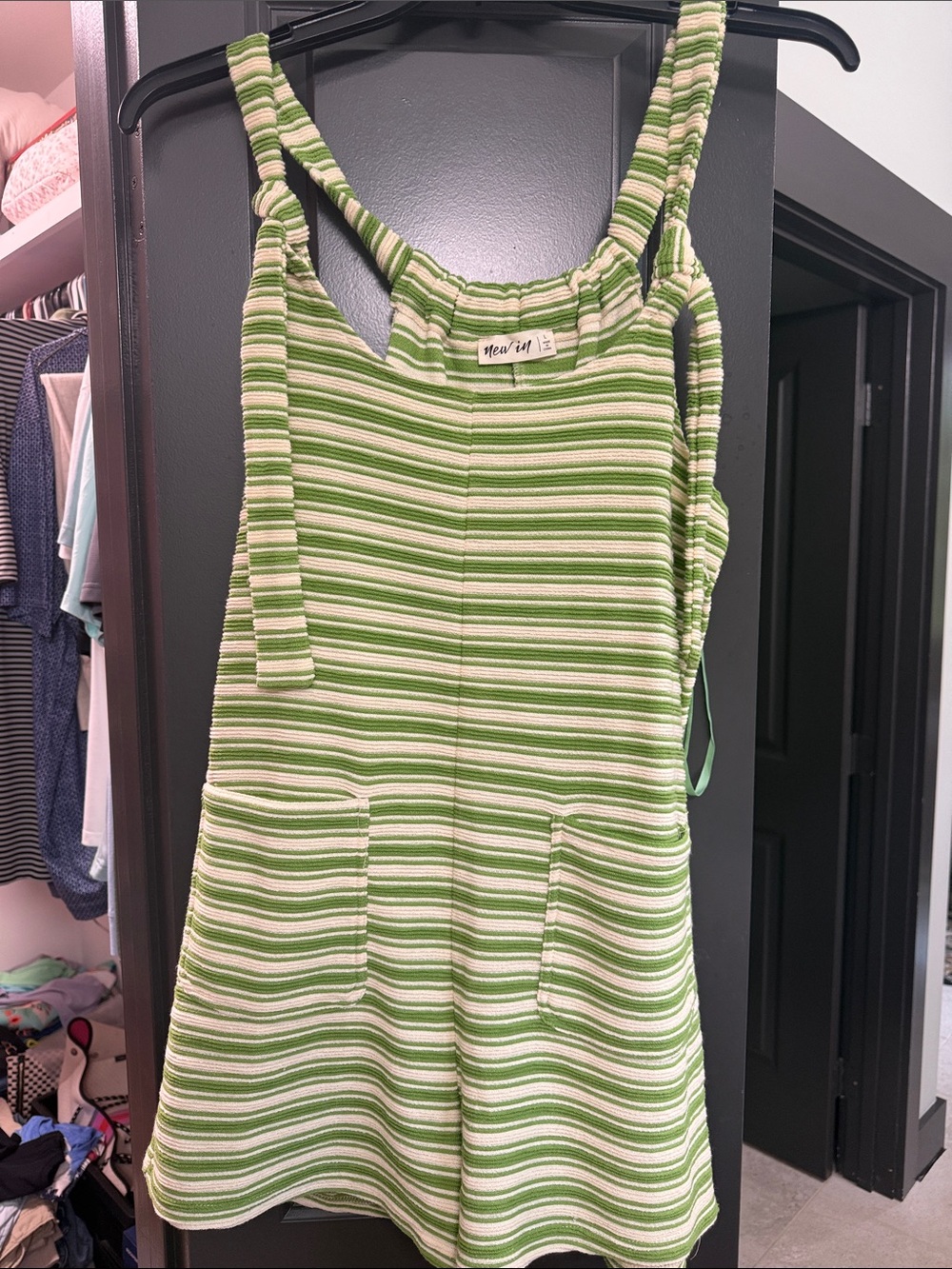 Green Striped Knit Romper with Front Pockets